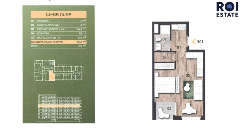 Pronájem nového, kompletně vybaveného bytu 1+kk, 35 m² s lodžií a parkingem – Praha, Černý Most